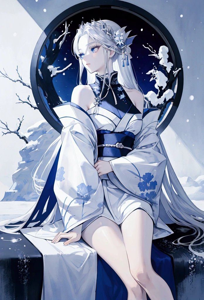 Beautiful snow woman girl, Long silver hair, His shoulders are bare., black eye, White and blue kimono, Thin legs