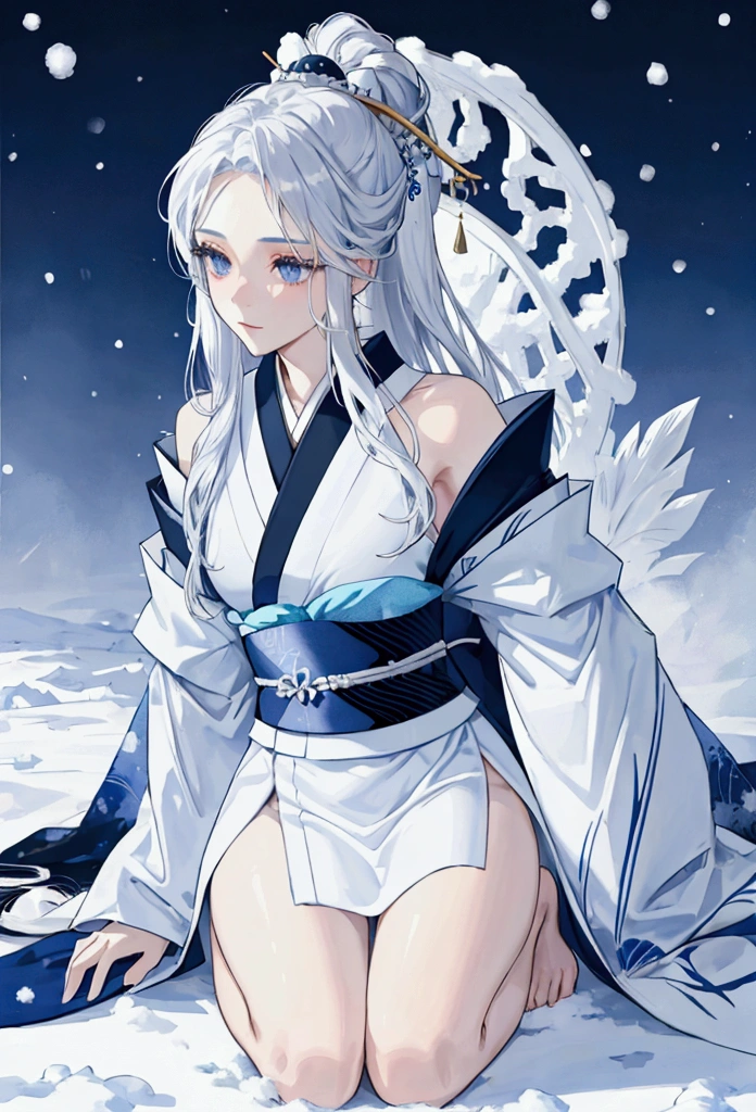 Beautiful snow woman girl, Long silver hair, His shoulders are bare., black eye, White and blue kimono, Thin legs