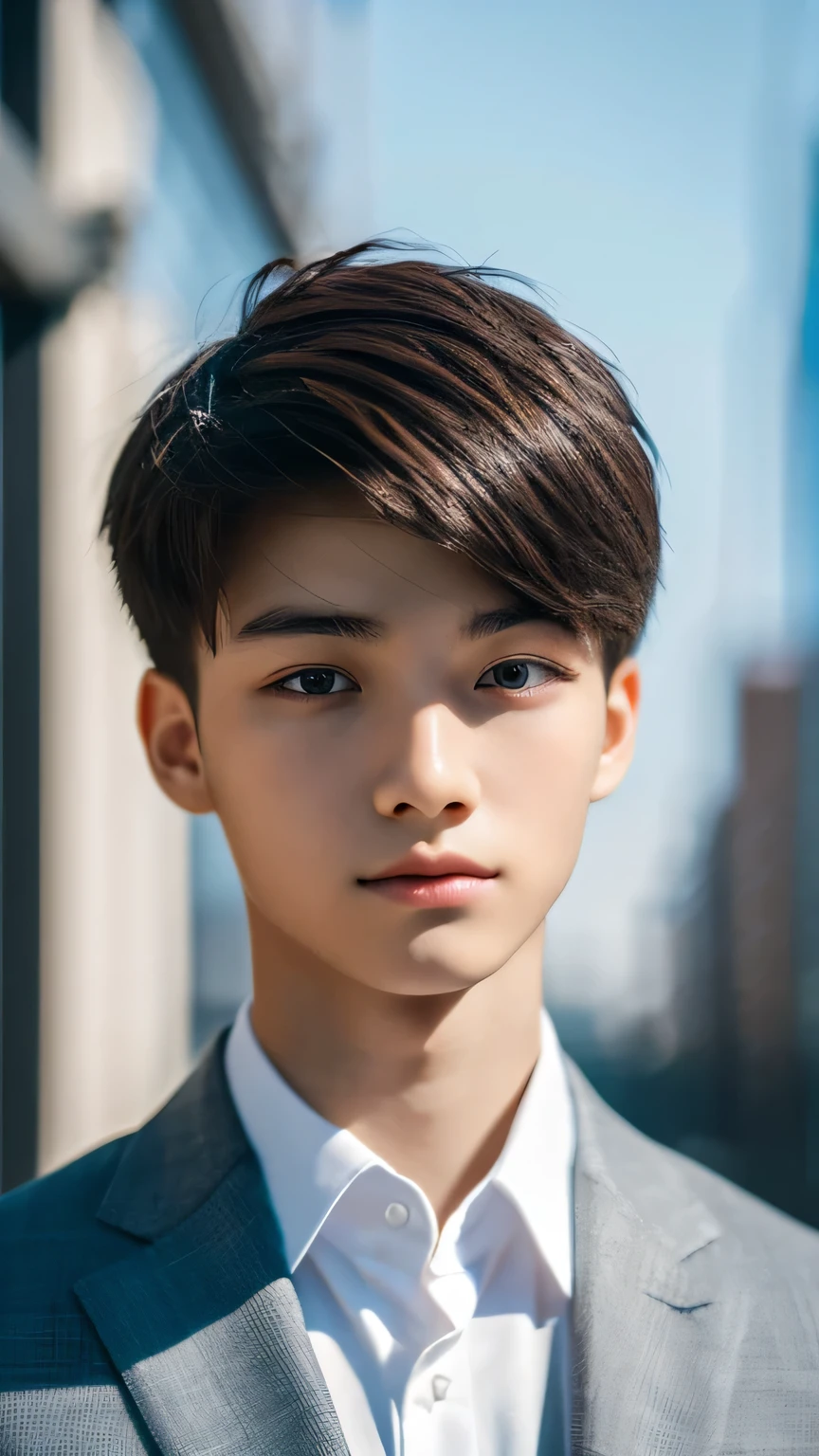 Highest quality, masterpiece, Ultra-high resolution, (Realistic: 1.4), Original photo, wallpaper, Head Photo, skin, Simple Background, Iris, detailed, Selfie, 1 boy, 18-year-old, good looking, Wind,suit