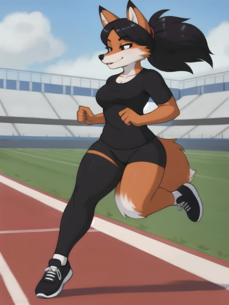 Furry, fox, female, black shirt, black leggings, shoes, running track, solo, full body
