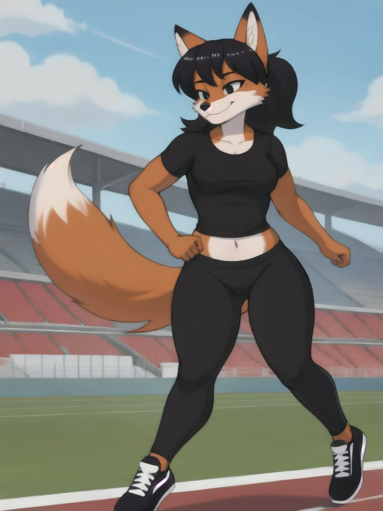 Furry, fox, female, black shirt, black leggings, shoes, running track, solo, full body