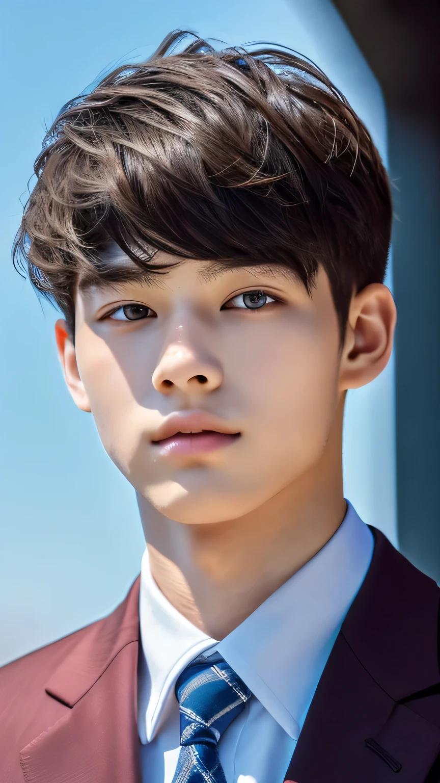 Highest quality, masterpiece, Ultra-high resolution, (Realistic: 1.4), Original photo, wallpaper, Head Photo, skin, Simple Background, Iris, detailed, Selfie, 1 boy, 18-year-old, good looking, Wind,suit