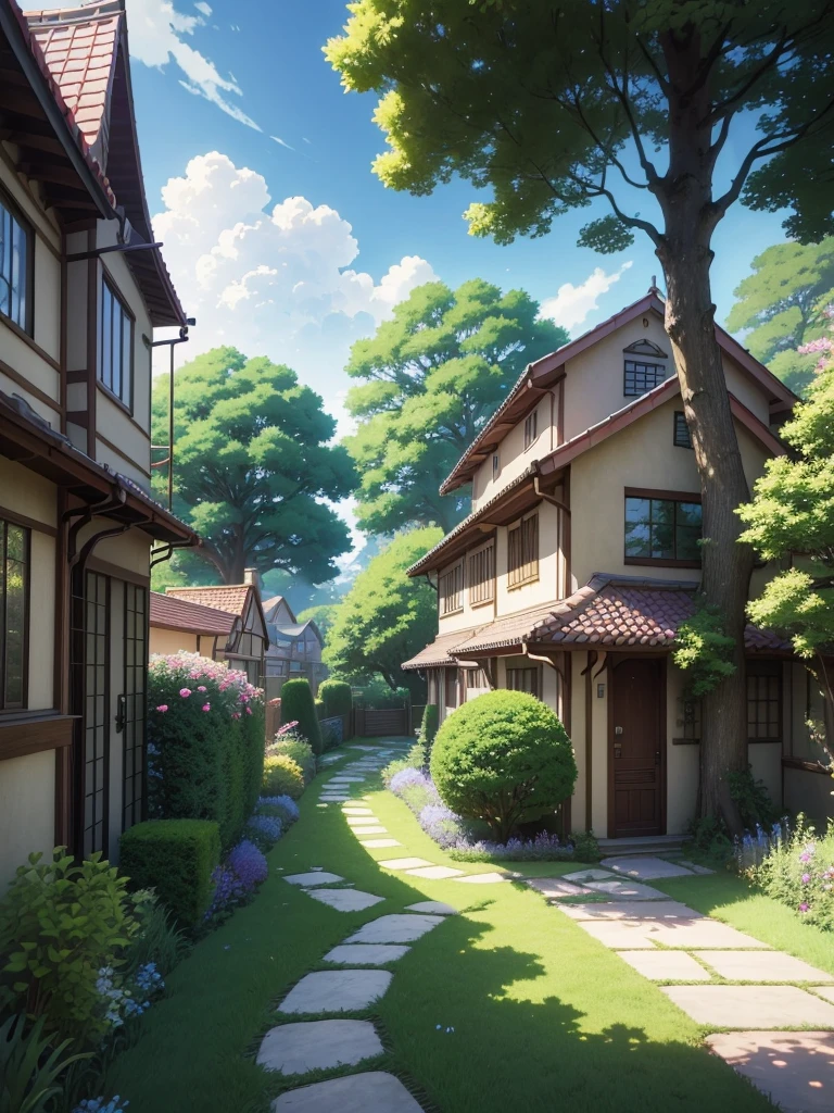anime house with a garden and a pathway leading to it, anime nature wallpap, anime background art, anime nature, anime background, anime landscape wallpaper, beautiful anime scenery, anime countryside landscape, amazing wallpaper, colorful anime movie background, anime scenery, anime art wallpaper 8 k, anime art wallpaper 4k, anime art wallpaper 4 k, house background