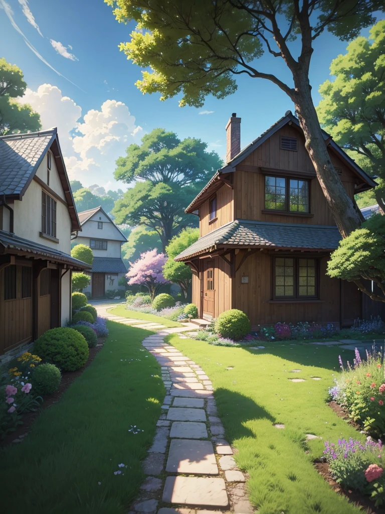 anime house with a garden and a pathway leading to it, anime nature wallpap, anime background art, anime nature, anime background, anime landscape wallpaper, beautiful anime scenery, anime countryside landscape, amazing wallpaper, colorful anime movie background, anime scenery, anime art wallpaper 8 k, anime art wallpaper 4k, anime art wallpaper 4 k, house background