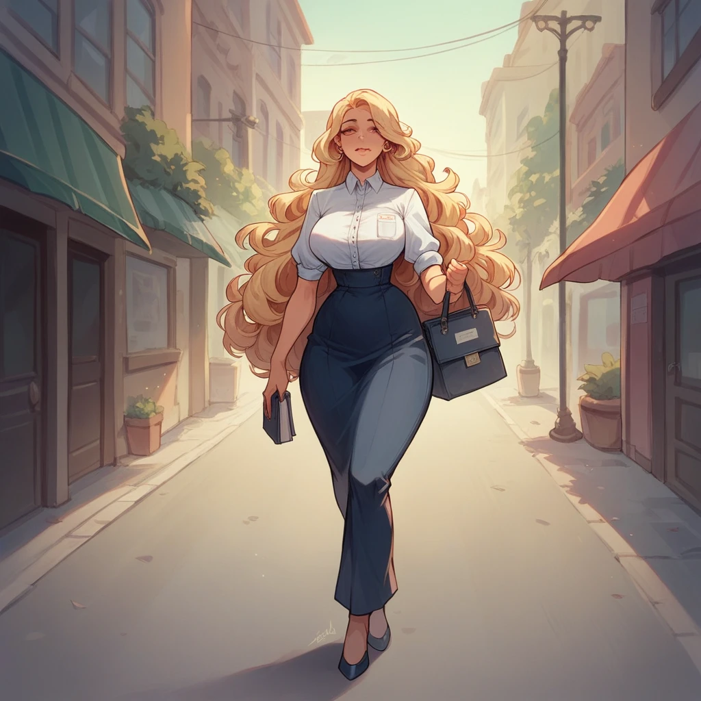 Beautiful woman 25 years old, not very high, long curly light blonde hair, Thin waist, big tits, well-shaped and large hips. She wears a secretary uniform, She is walking on the street, she is entering a hotel, carry a wallet
