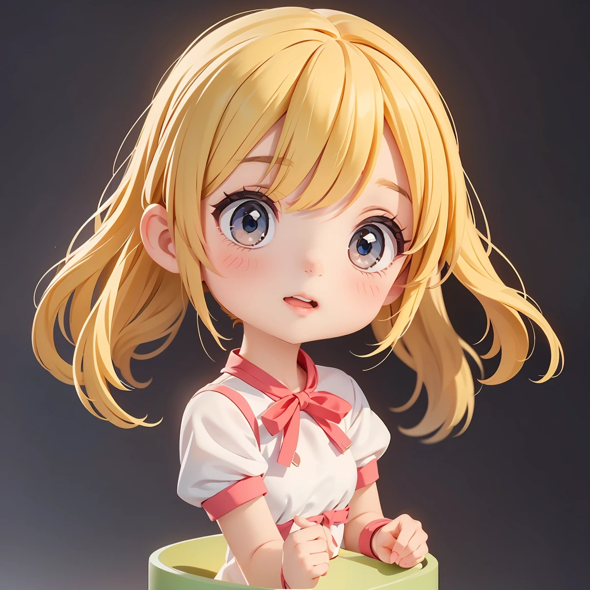  Super Chibi Character：1.8、wearing cute sandals、background：Simple all over、Blonde Hair、Cute 7 year old girl、Random cute outfits、Short legs、Sandals with ribbon、A fun look and a fun pose