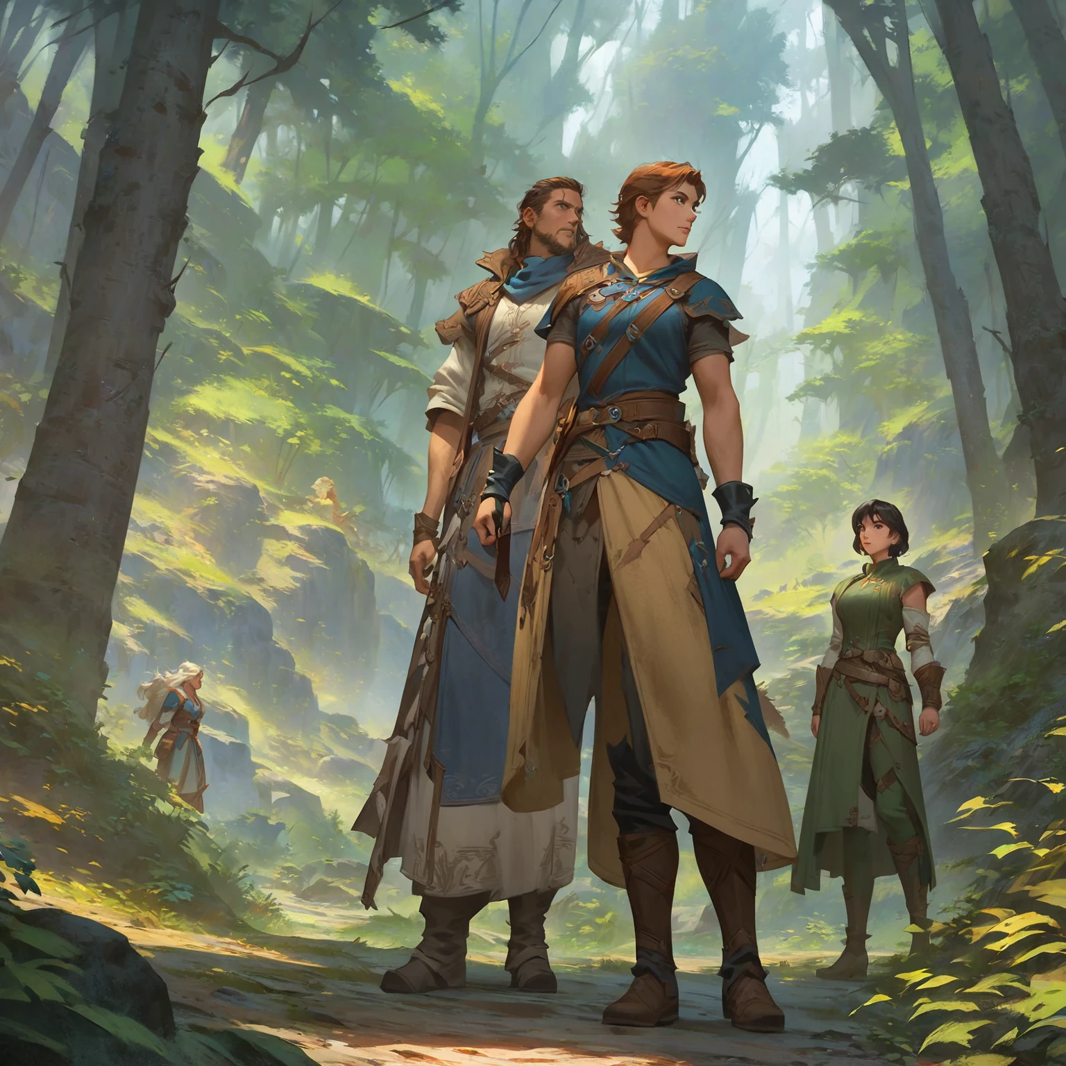 anime - style illustration of two people standing in a forest, coriolios RPG art style, anime in fantasy style, non-style artwork by guweiz, personal, ben maier and sakimichan, visual novel cg, octopath traveller style, visual principal do romance visual, official character art, full body RPG portrait, epic RPG portrait