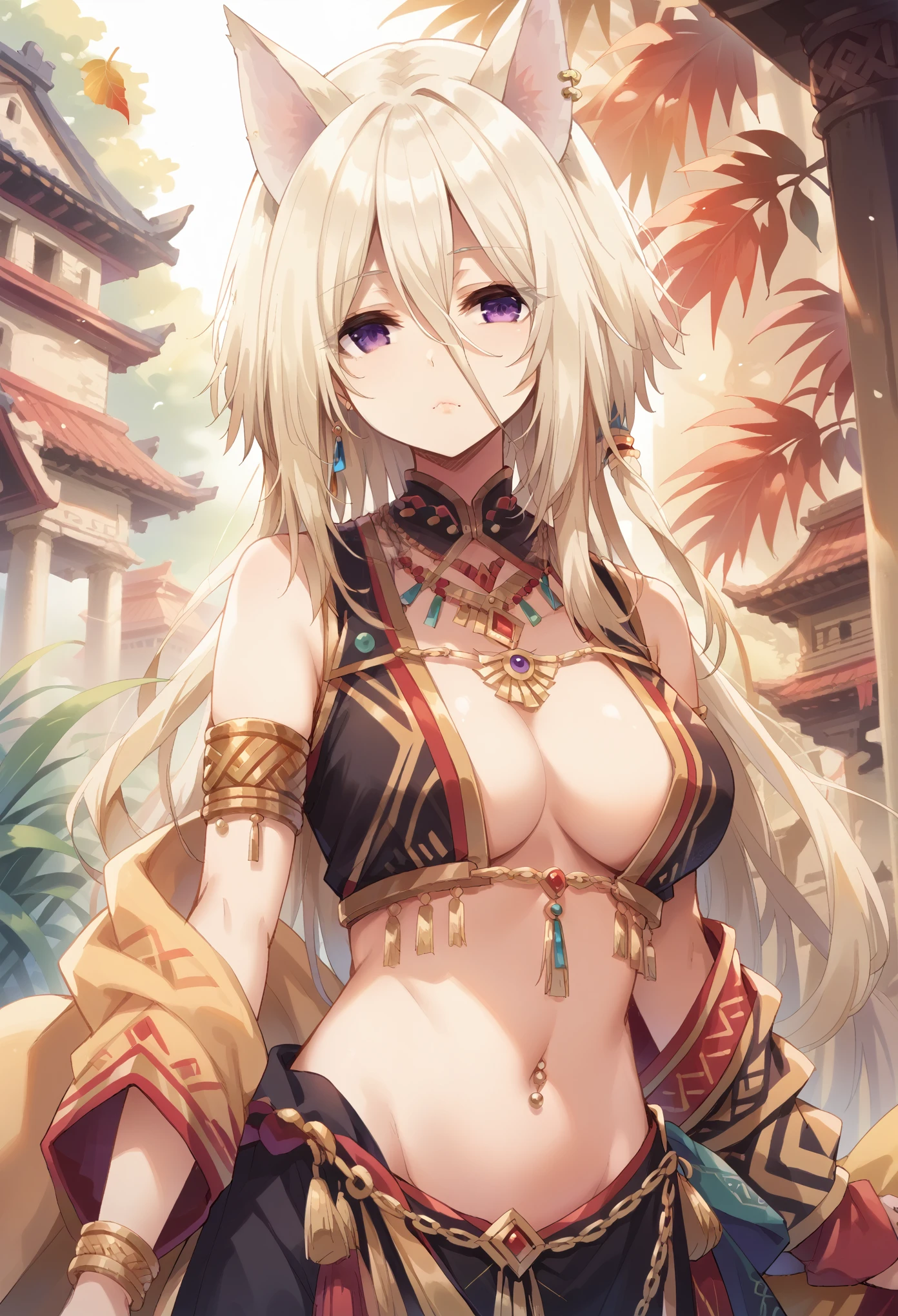 1 girl,short hair,blonde hair,purple eyes,cat ears,big breast,tall woman,full display of temple jewelry, a pair of earrings, necklace, bangles, navel piercing, ring, maang tikka highly detailed vray render, flash, high quality, 18k,, long hair, multicolored dress, hair ornament, golden embroidery, ancient indian, midriff peek, waist jewelry, (nose pin), armlet with golden chains, (close-up), golden shawl with intricate leaf embroidery, embroidered dress, (kamarband:1.1), veil over eyes,best quality,