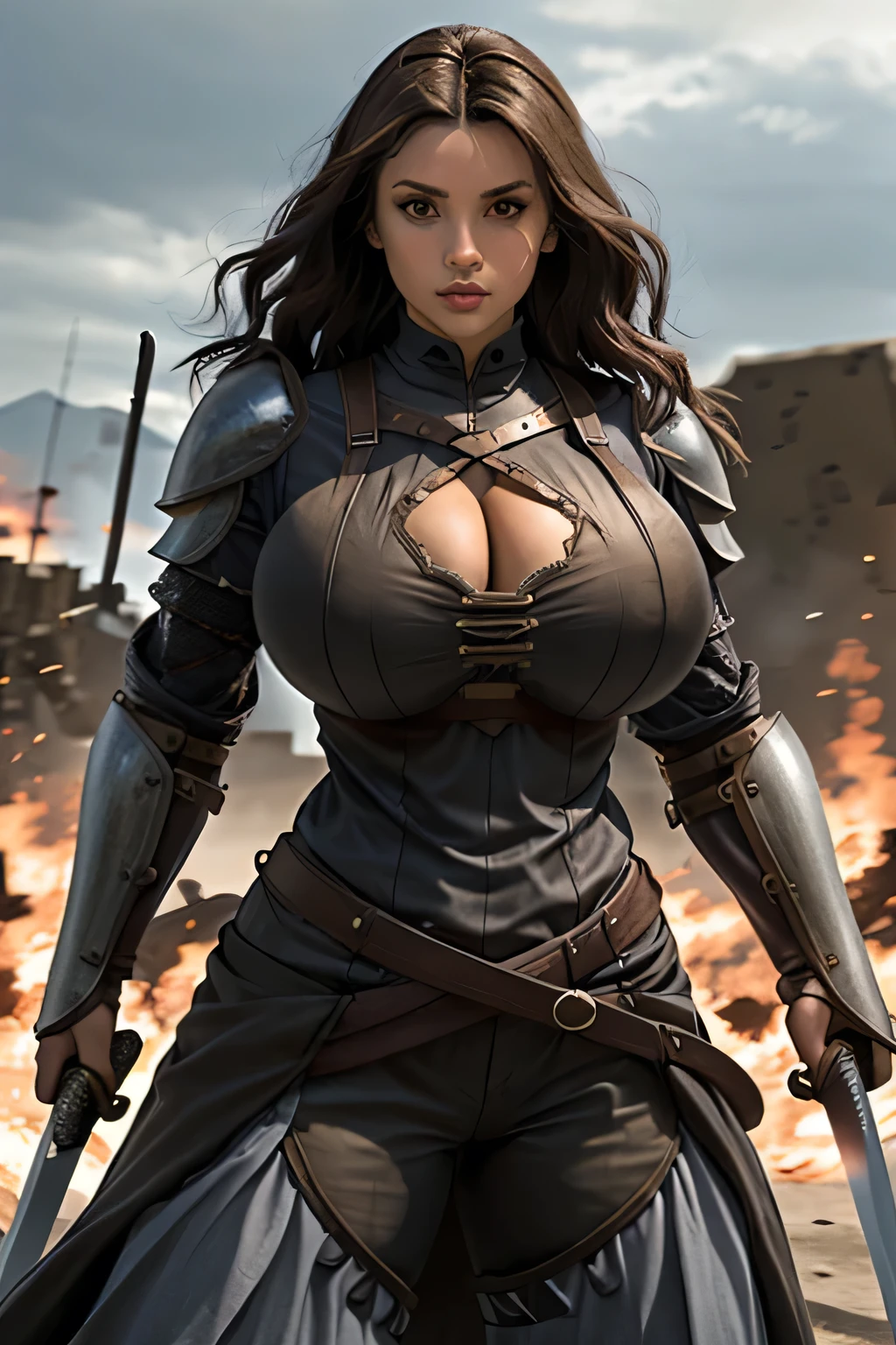 voluminous hair, big hair, big breasts, swordswoman,(fully clothed skintight), (black armor), woman , standing in an open battlefield holding sword, muscle