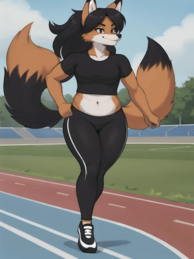 Furry, fox, female, black shirt, black leggings, shoes, running track, solo, full body
