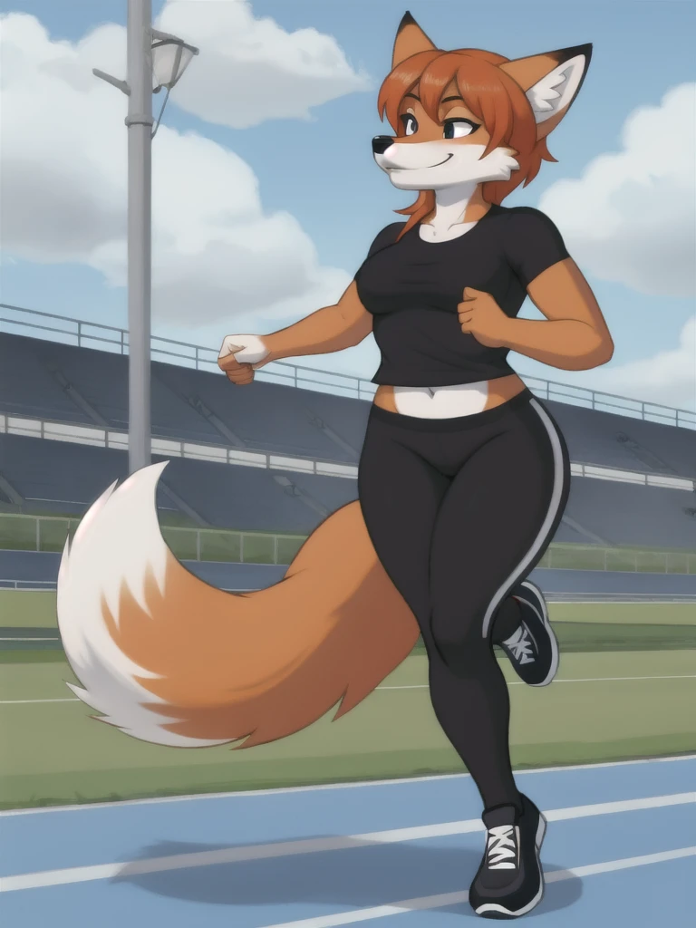 Furry, fox, female, black shirt, black leggings, shoes, running track, solo, full body