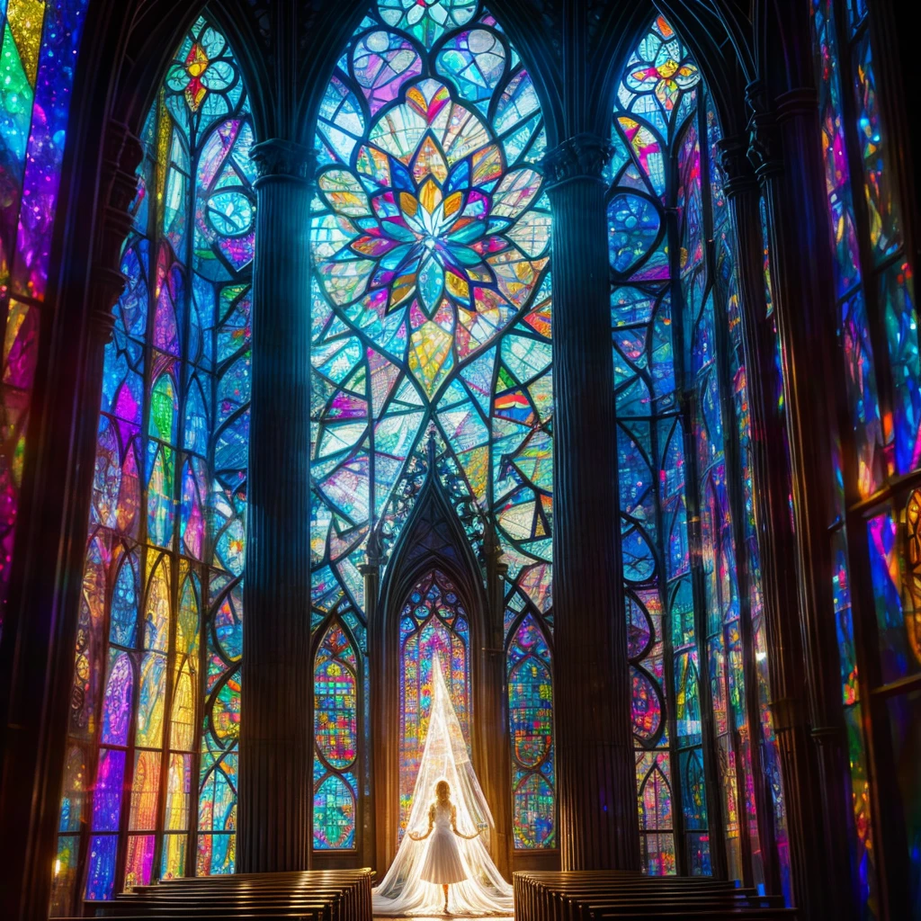 (Cathedral from below:1.28) (ZoomLayer) TopQuality 8K masterpiece of ((Professional photo)), (((Clarisse de Cagliostro))) (Detailed White WeddingDresses), Chain, (((Extremely detailed KAWAII face))) {((VeiledFace))|BlondeHair|(Elaborate BuleEyes)with(SparklingHighlights:1.28)}, The background is distant (((Elaborate stained glass))) Rainbow Glass, {(MysticSight)|EnchantingAtmosphere|Haze|(GodRays)|TyndallEffect}, Radiant PearlSkin with Transparency, (Exposed:0.39)