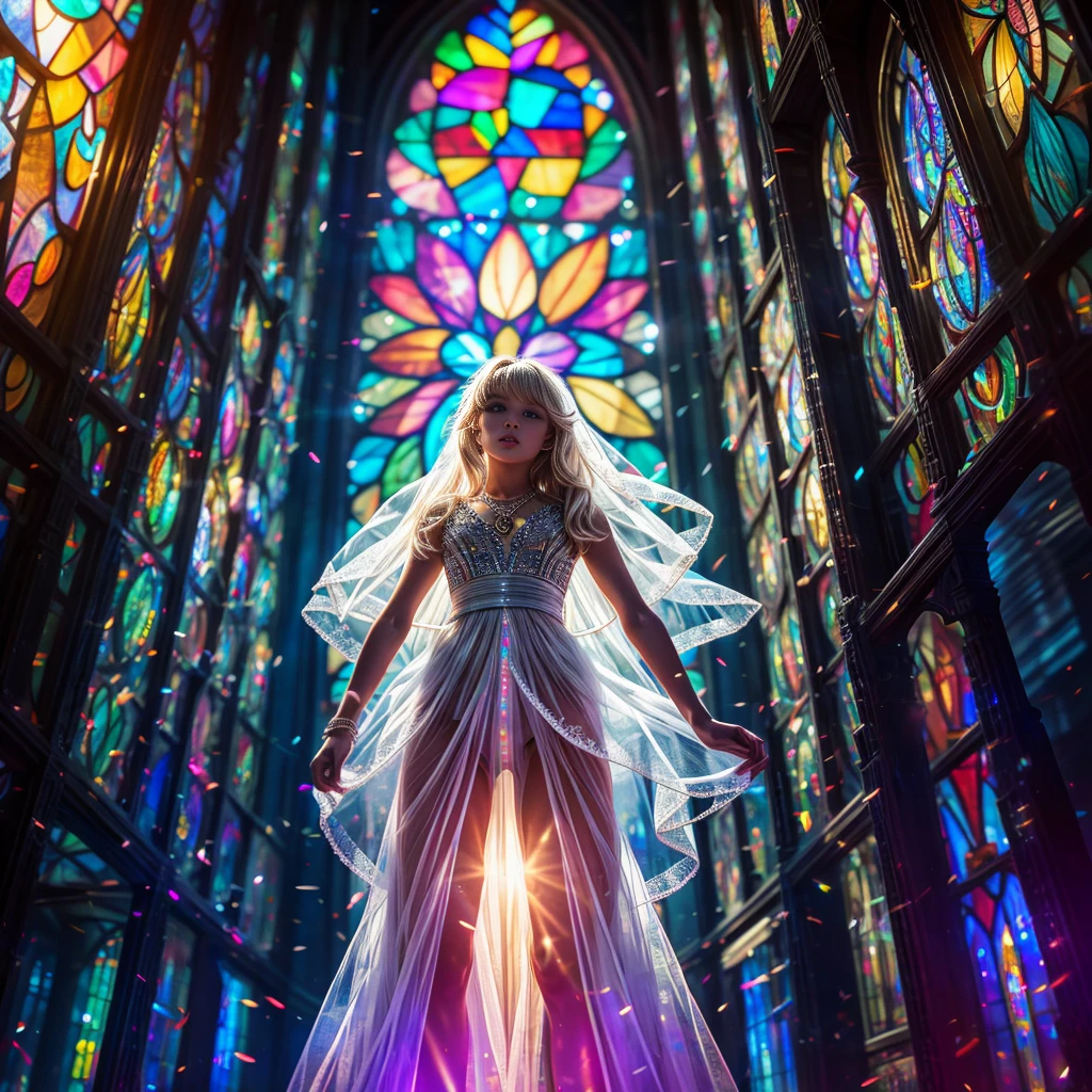 (Cathedral from below:1.28) (ZoomLayer) TopQuality 8K masterpiece of ((Professional photo)), (((Clarisse de Cagliostro))) (Detailed White WeddingDresses), Chain, (((Extremely detailed KAWAII face))) {((VeiledFace))|BlondeHair|(Elaborate BuleEyes)with(SparklingHighlights:1.28)}, The background is distant (((Elaborate stained glass))) Rainbow Glass, {(MysticSight)|EnchantingAtmosphere|Haze|(GodRays)|TyndallEffect}, Radiant PearlSkin with Transparency, (Exposed:0.39)