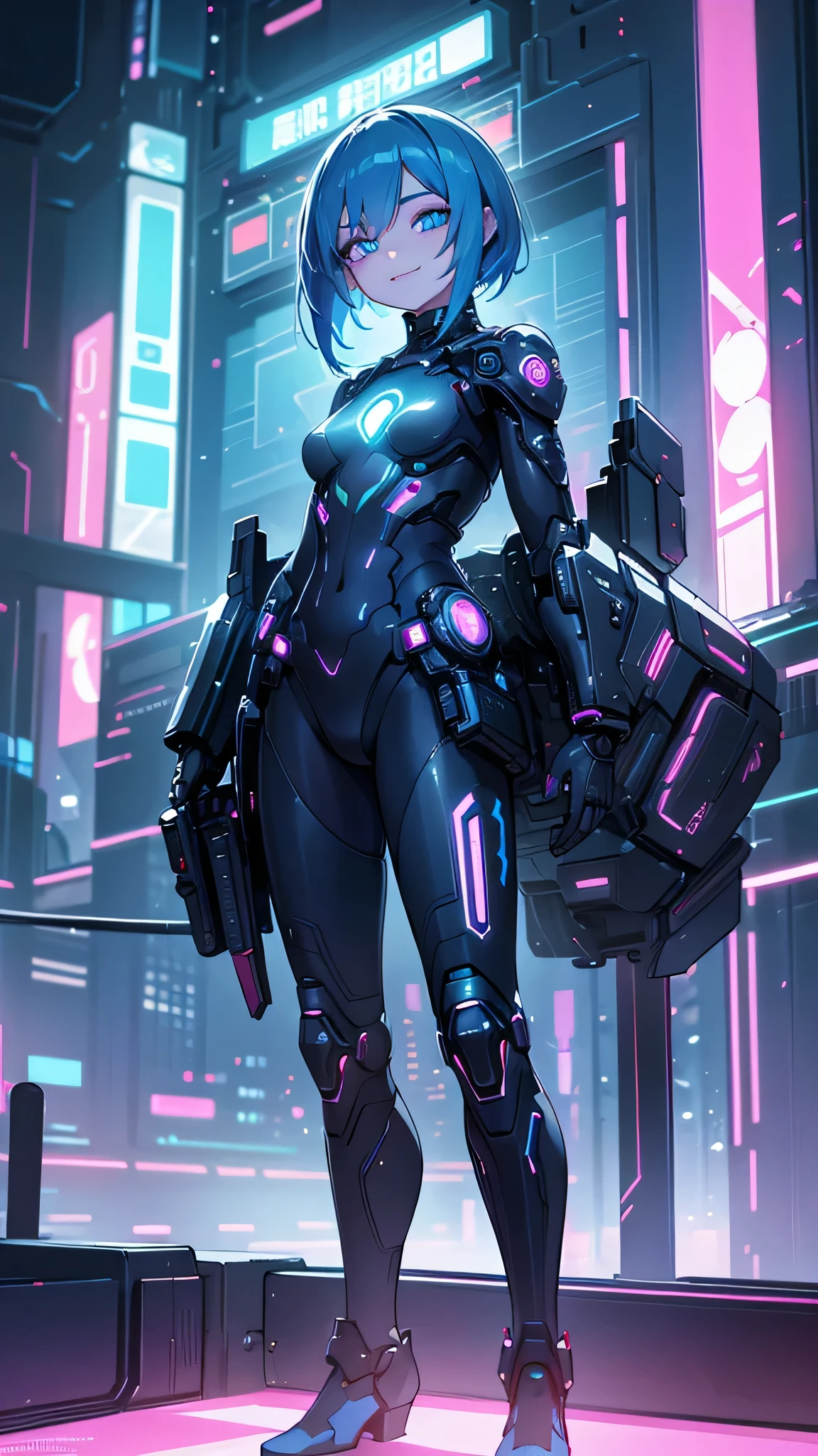 a cyberpunk girl with short sky blue hair, beautiful detailed eyes, beautiful detailed lips, extremely detailed face, longeyelashes, smiling, neon city, intricate futuristic technology, dynamic lighting, glowing neon signs, vivid colors, cinematic composition, digital art, highly detailed, 8k, photorealistic, masterpiece,a very cute and beautiful chibi anime girl, simple flat background, full body, standing, highly detailed face and eyes, clearly outlined, solo