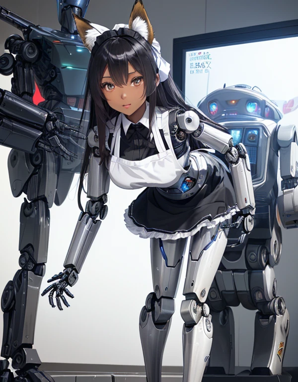 (8k, Realistic, RAW Photos, Highest quality: 1.3), (Fox Girl, Fox Ears, Fox Makeup, One Girl, Long Hair, Alone on the screen, dark skin, High definition, high resolution:1.6), とてもbeautiful, (Realistic Face), (boyish, Silver color very long hair), (maid apron, Black and white clothes, skirt, mecha musume, Machinery Parts,Robot Joints, Only the legs are mechanical suit:1.6), A brilliance that captivates the viewer, beautiful expression, beautiful breasts, (Realistic Skin), beautiful..., bent over