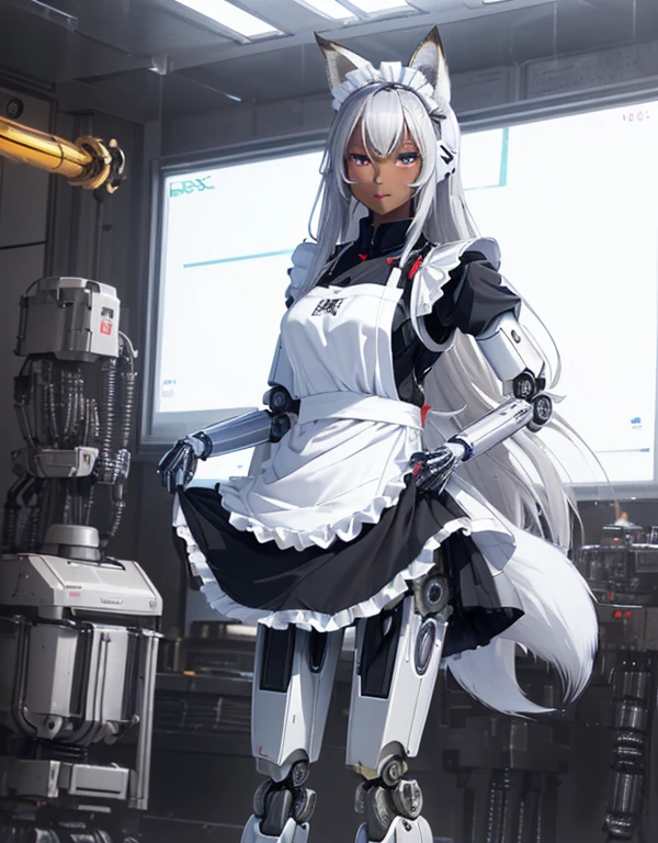 (8k, Realistic, RAW Photos, Highest quality: 1.3), (Fox Girl, Fox Ears, Fox Makeup, One Girl, Long Hair, Alone on the screen, dark skin, High definition, high resolution:1.6), とてもbeautiful, (Realistic Face), (boyish, Silver color very long hair), (maid apron, Black and white clothes, skirt, mecha musume, Machinery Parts,Robot Joints, Only the legs are mechanical suit:1.6), A brilliance that captivates the viewer, beautiful expression, beautiful breasts, (Realistic Skin), beautiful..., bent over