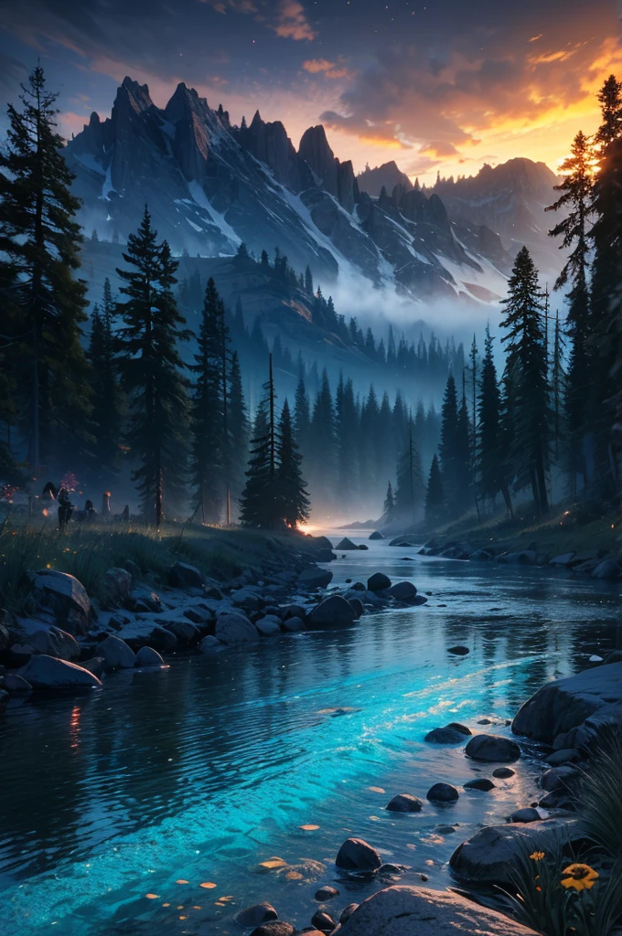 Phoenix, Skyrim. sunset. level, crystallization, Flowers and plants, Realistic, High resolution, 8k, Masterpiece