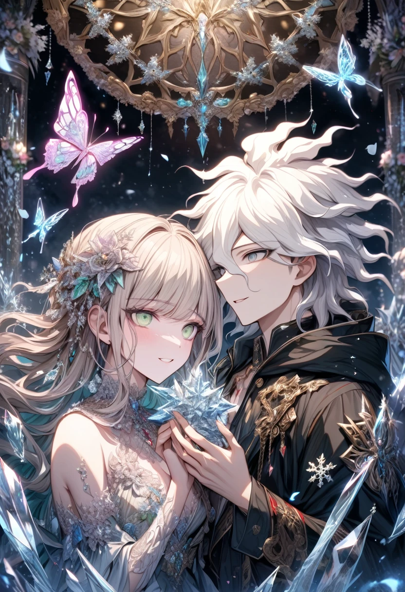 Ultra detailed, HDR, Highres, absurdres, master piece, Komaeda Nagito, white hair, expressive gray-green eyes, Aida, ash blonde hair, expressive light green eyes, black clothes, Danganronpa, ice glittering butterflies, ice, petals, ice pink glass flowers, glittering, fantasy, magical, snowflakes, cold, a handsome man together with a beautiful woman, couple, love, smiling