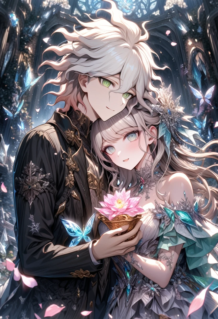 Ultra detailed, HDR, Highres, absurdres, master piece, Komaeda Nagito, white hair, expressive gray-green eyes, Aida, ash blonde hair, expressive light green eyes, black clothes, Danganronpa, ice glittering butterflies, ice, petals, ice pink glass flowers, glittering, fantasy, magical, snowflakes, cold, a handsome man together with a beautiful woman, couple, love, smiling