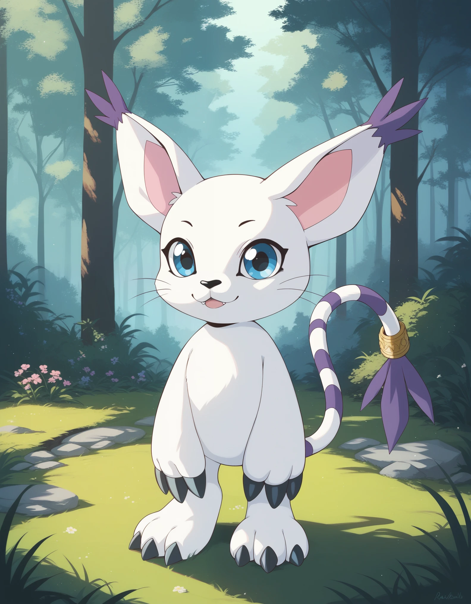  source_furry, absurdres, masterpiece, outstanding,, GATOMON, TAIL RING, RINGLESS, solo, digimon, in a forest, blue eyes, 