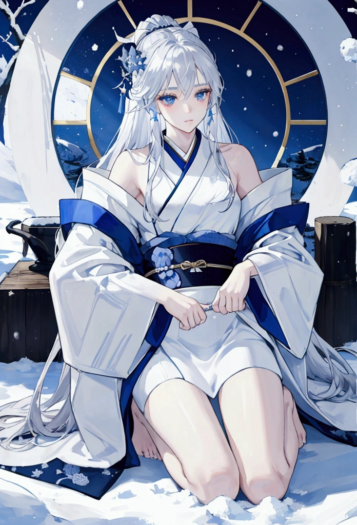 Beautiful snow woman girl, Long silver hair, His shoulders are bare., black eye, White and blue kimono, Thin legs