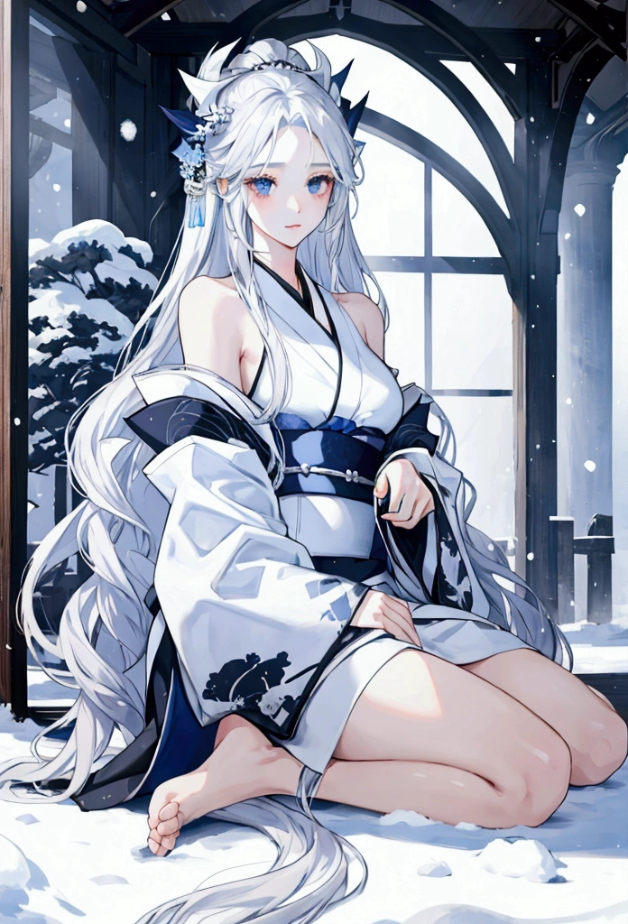 Beautiful snow woman girl, Long silver hair, His shoulders are bare., black eye, White and blue kimono, Thin legs