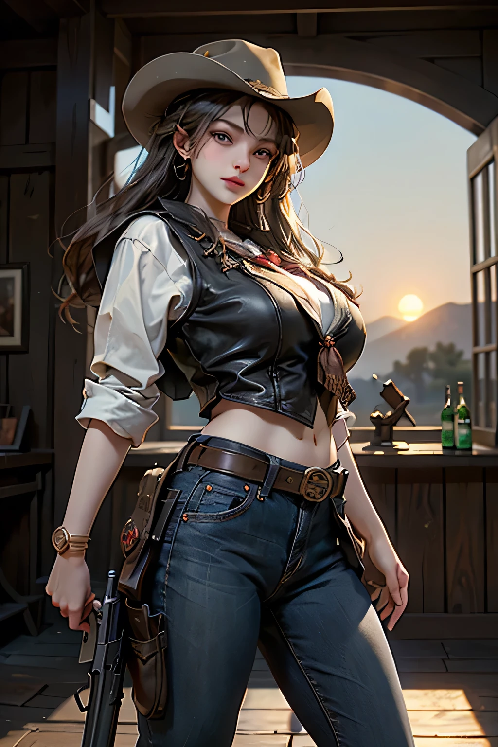 gun, photorealistic, RAW Photos、Realistic、(Super detailed)、(High resolution:1.2)、(masterpiece)、(Highest quality)、8k、Ultra-Details、(Perfect Anatomy:1.3)、Beautiful Eyes、Angle from below、Cowgirl、One girl、View your viewers、western movie images、(Cowboy hat)、Western Boots、neckerchief、(Leather vest)、(gun belt:1.3)、(Detailed depiction of a revolver:1.4)、rifle、(Gun holster)、jeans、horse、Western Landscape、Cactus、(Golden sunset)、Detailed depiction of intricate costumes、(Super hourglass body type)、(Super big breasts pointing upwards:1.4)、(A scene from a western movie)、(Hold the gun grip correctly)、(Shoot a handgun)、Correct fingers、Leg spread、[[[logic]]]、(Acrobatic Gunfighter Pose)、A confident smile、(Western Geki Bar)、The other cowboys