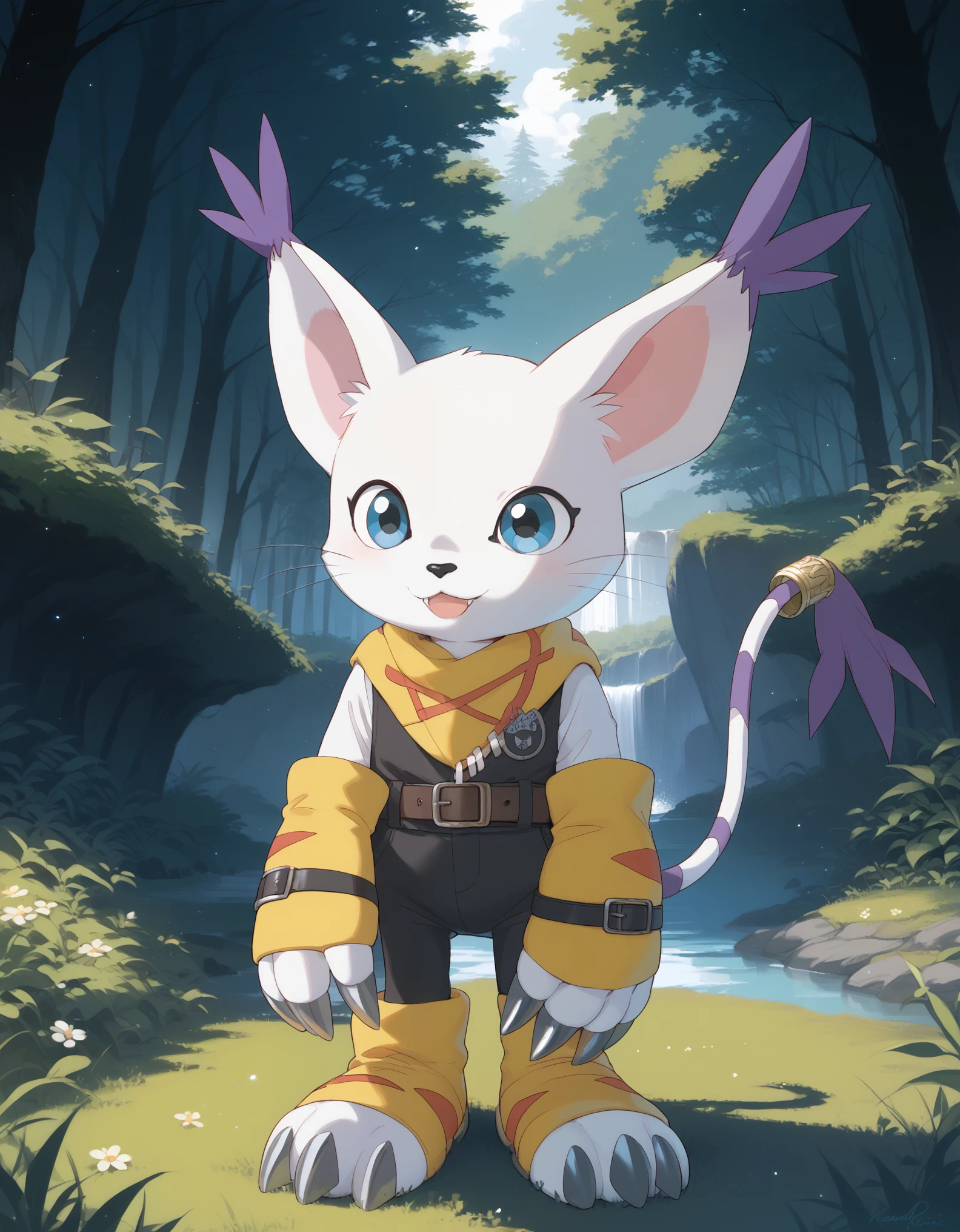  source_furry, absurdres, masterpiece, outstanding,, GATOMON, TAIL RING, RINGLESS, solo, digimon, in a forest, blue eyes, 