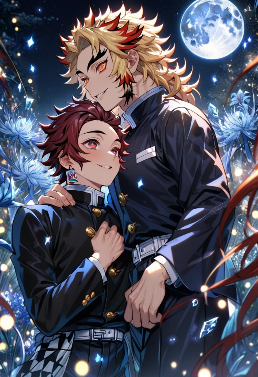 absurdres, highres, ultra detailed, HDR, master piece, best quality, extremely detailed, Kamado Tanjirou, red burgundy hair, expressive red eyes, Kimetsu No Yaiba, Rengoku Kyojuro, blonde hair, expressive orange eyes, two sexy men together, yaoi, gay couple, handsome, smile, demon slayer uniform, fantasy, sparkling, blue glittering fireflies, ice, blue blossoms, blue spider lilies, blue sparkling lights, starry sky, magical, crystal, blue moon, cold night