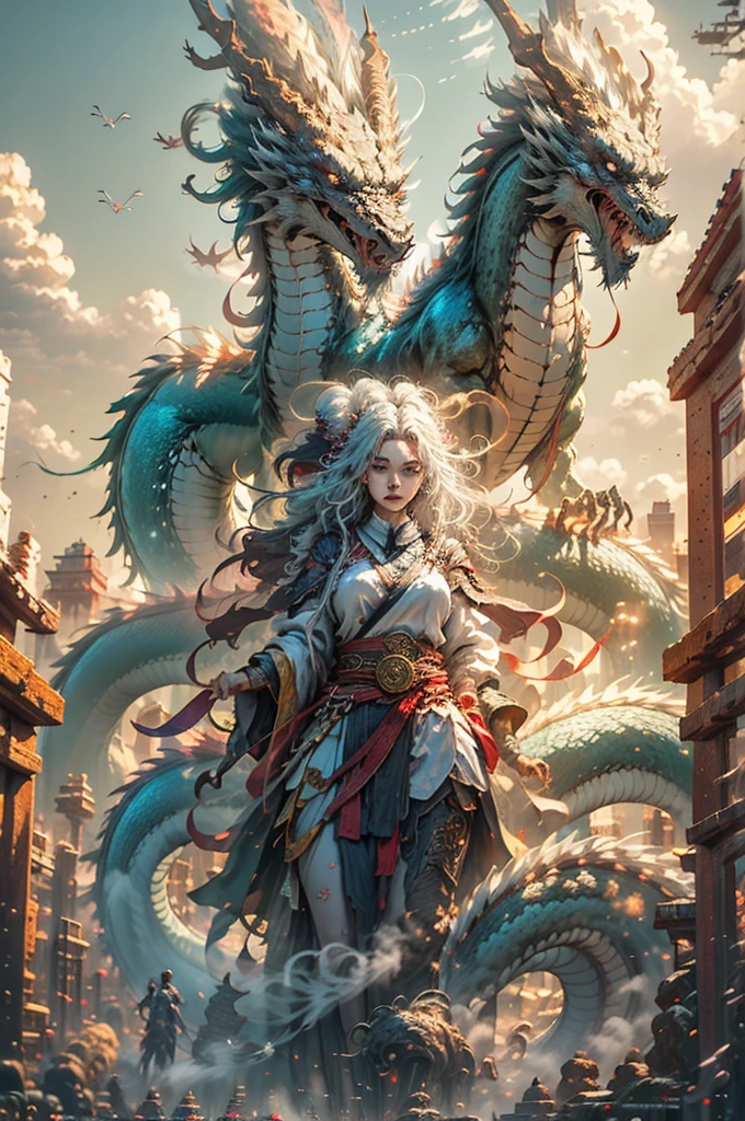 The Chinese White Divine Dragon soared into the air，（Girl manipulates dragons：1.3），（The girl has her back to the camera：1.3），Sky clouds surround the surroundings，Light magic，Fantastic background，Meaning background，Ridiculous background，There are artistic overlayulticolored hair, surrealism, Cinematic lighting, Ray tracing, god light, speed-line, angle of view, hyper HD, Masterpiece, Best quality, Super detail, A high resolution, High quality，（Far view：1.3）
