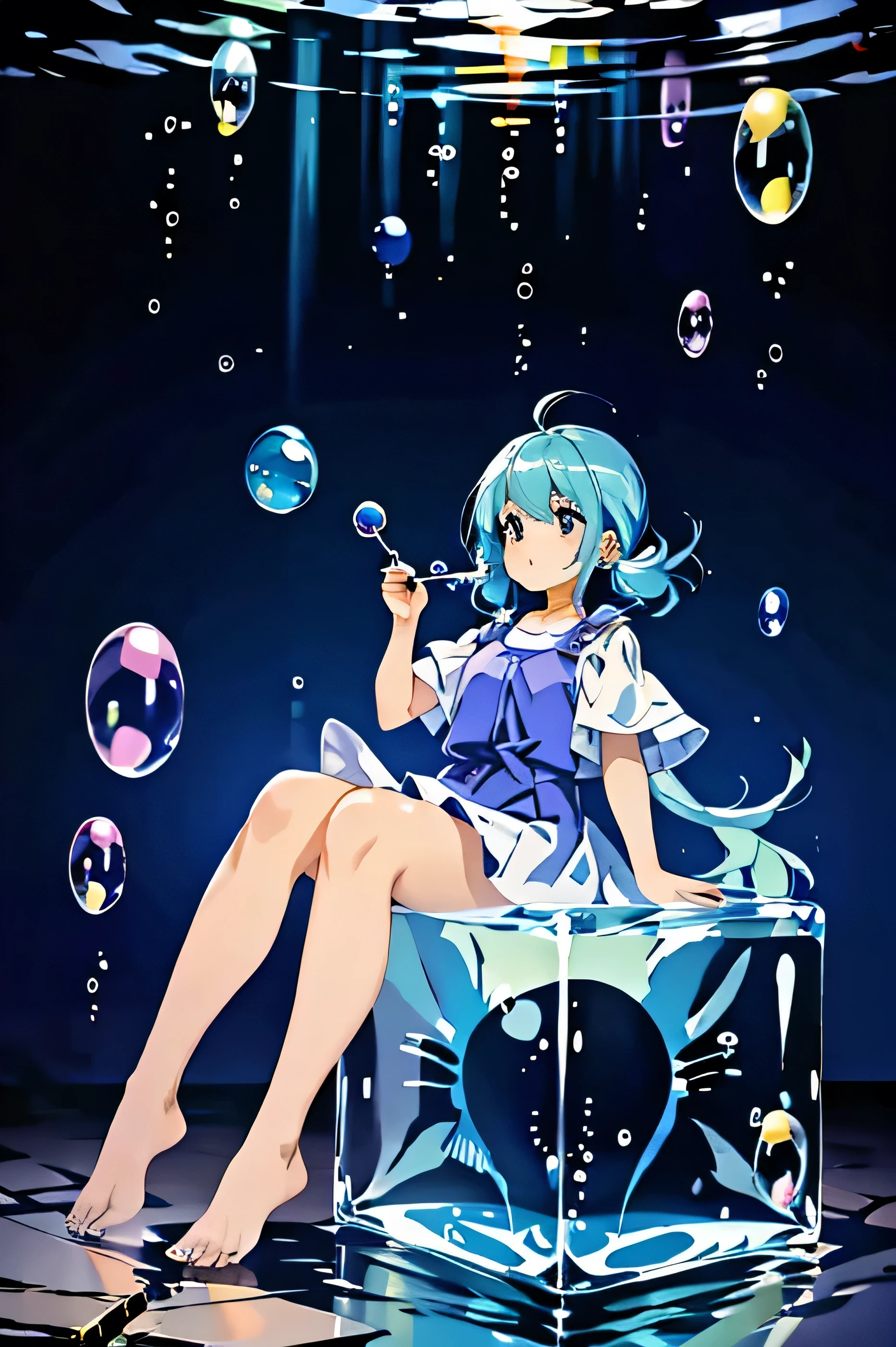 fish fat girl, blowing bubbles, sitting in cubes, full body