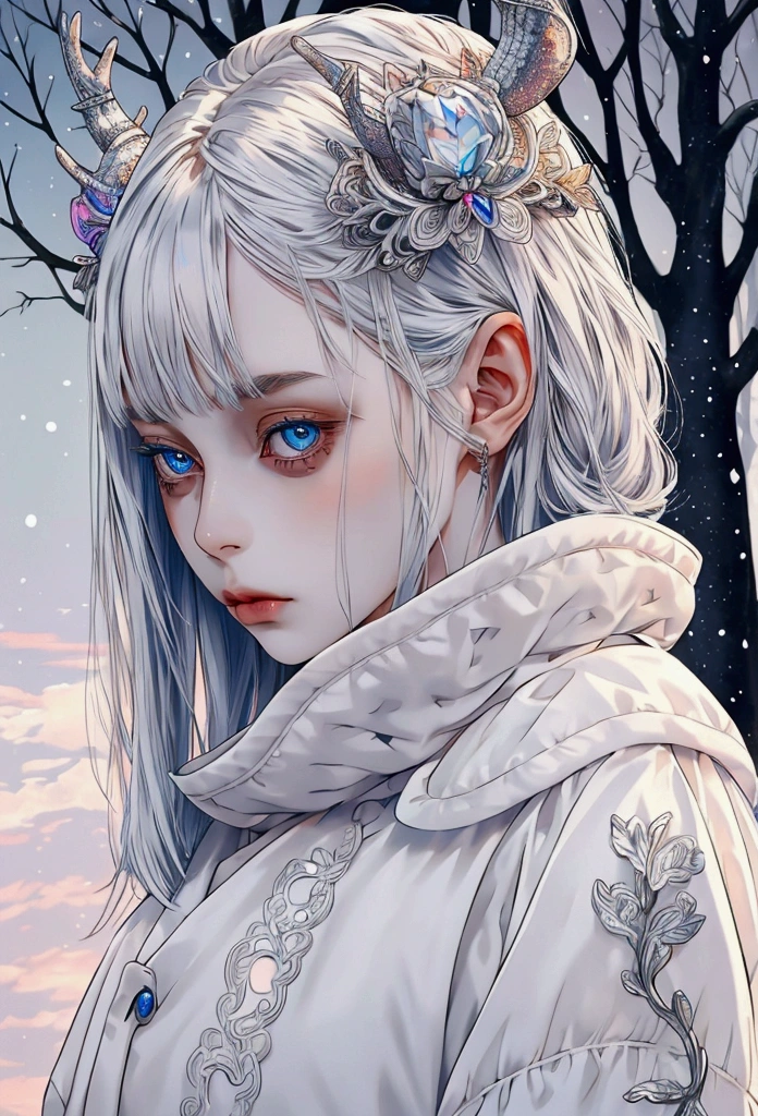 Female, small, Silver hair, human deer hyrbid, blue eyes, pale skin, soft features, doll-like. high res, high quality, masterpiece, amazingly done, (colorful), work of art snowy background, use the same body model but make him human