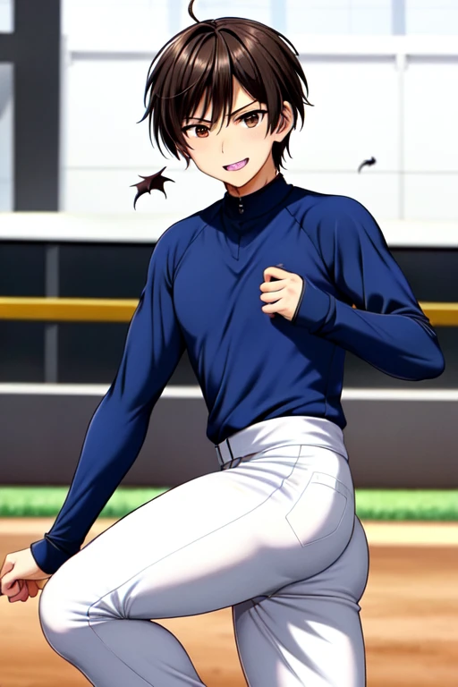 ((Official Art,Ultra-thin illustration,High resolution, Flying debris, 最high quality,最high quality,)))high quality,(Highly detailed body,詳細なな手feet:1.2) , Become familiar with, (),12 years obaseball male idol boy with a super cute face,A boy as beautiful as Planding, Long legs, Thighs, feet, No breast swelling, (Black Hair、short hair)、 (厚いThighs)、(((park baseball field)))、((Saucy、))、Grinning、feetを広げて,Ultra-fine painting, ,Service shot、Groin bulge、,nsfw、Baseball practice wear、Shiny ((Blue tight training long sleeve shirt ,Long sleeve :1.2))、、(White Yoga Pants:1.2)、