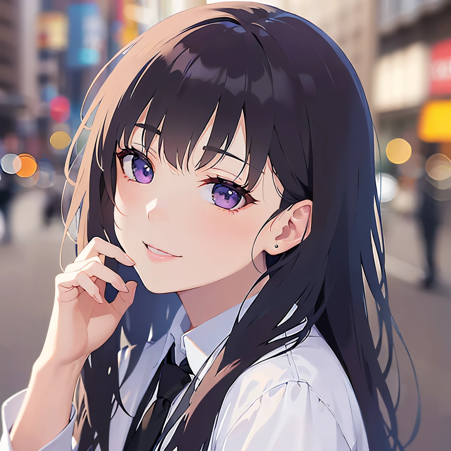 (looking at viewer:1.5),Looking up 、head tilt,Hands are put to the mouth、
Realistic, real person, (pale skin: 1.2), RAW photo, photorealistic, shiny skin, shiny hair、
(A 25-year-old woman with straight hair and bangs) and (medium hair) and (black hair) and (purple eyes) ,
(Wearing a business suit) and (Wearing a white collared shirt)、
Cleavage、blush,smile,The background is the city at night