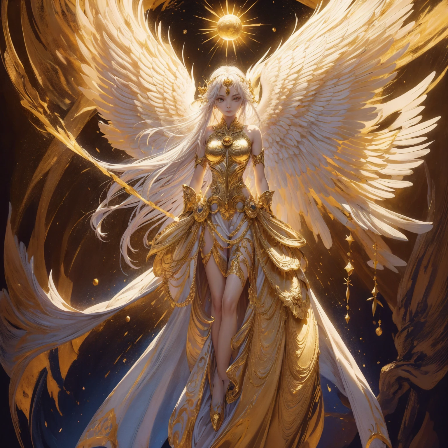 Art of Woman Wearing Sun Crown, Wearing a gorgeous golden breastplate that exposes a small amount of skin above the chest, Wearing a gorgeous golden dress, A pair of giant angel wings taller than the body spread out behind the woman., ancient goddess art, Sacredness. Very detailed, Mysterious inspiration, Inspiration from the Sun God, Religious inspiration, A divine background, Cold and snobbish face, Dangerous expressions, White hair, Standing pose floating in the air, One of the hands holds a brilliant sphere as bright as the sun., Full body portrait, Gothic art style, Weird art style, Occult art
