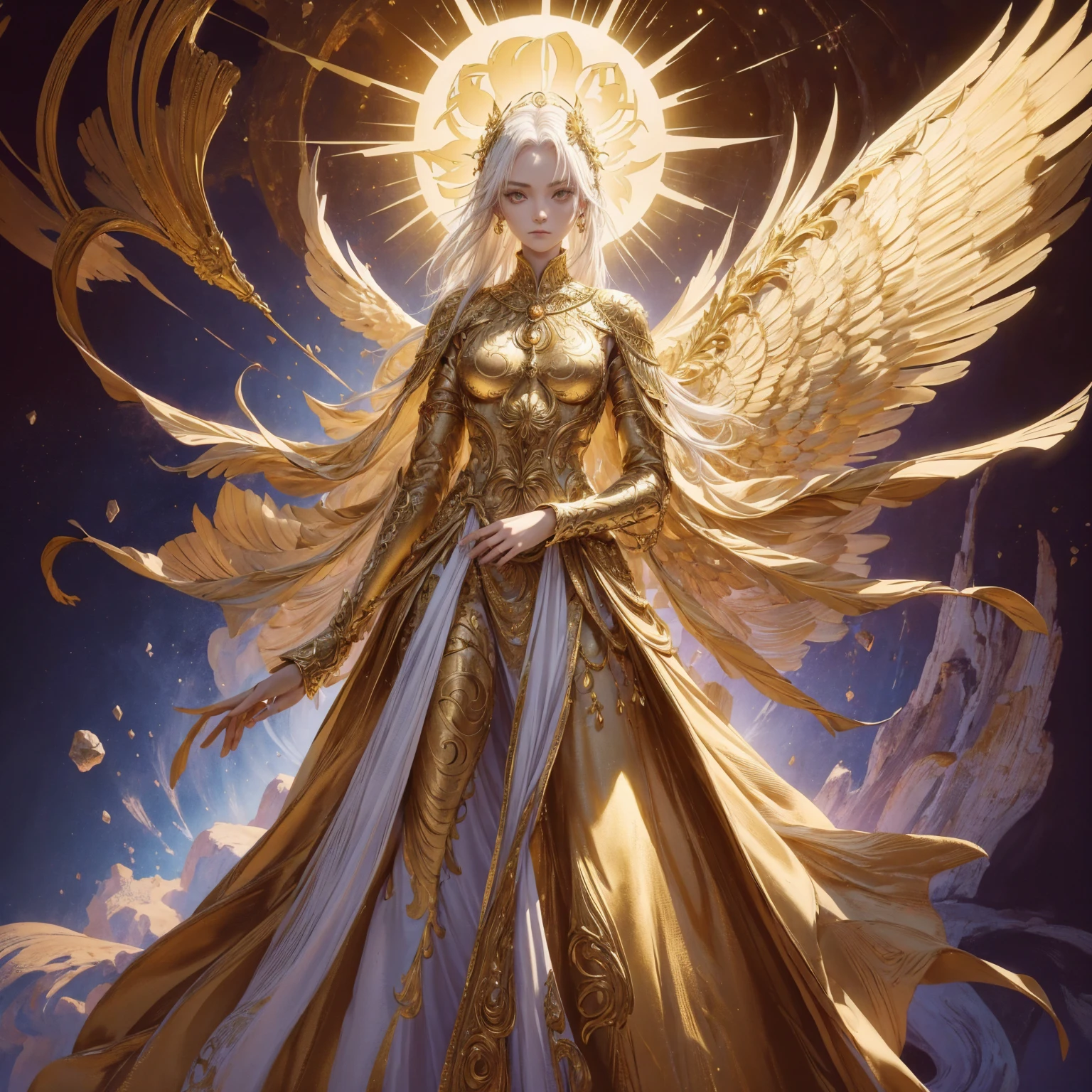 Art of Woman Wearing Sun Crown, Wearing a gorgeous golden breastplate that exposes a small amount of skin above the chest, Wearing a gorgeous golden dress, A pair of giant angel wings taller than the body spread out behind the woman., ancient goddess art, Sacredness. Very detailed, Mysterious inspiration, Inspiration from the Sun God, Religious inspiration, A divine background, Cold and snobbish face, Dangerous expressions, White hair, Standing pose floating in the air, One of the hands holds a brilliant sphere as bright as the sun., Full body portrait, Gothic art style, Weird art style, Occult art