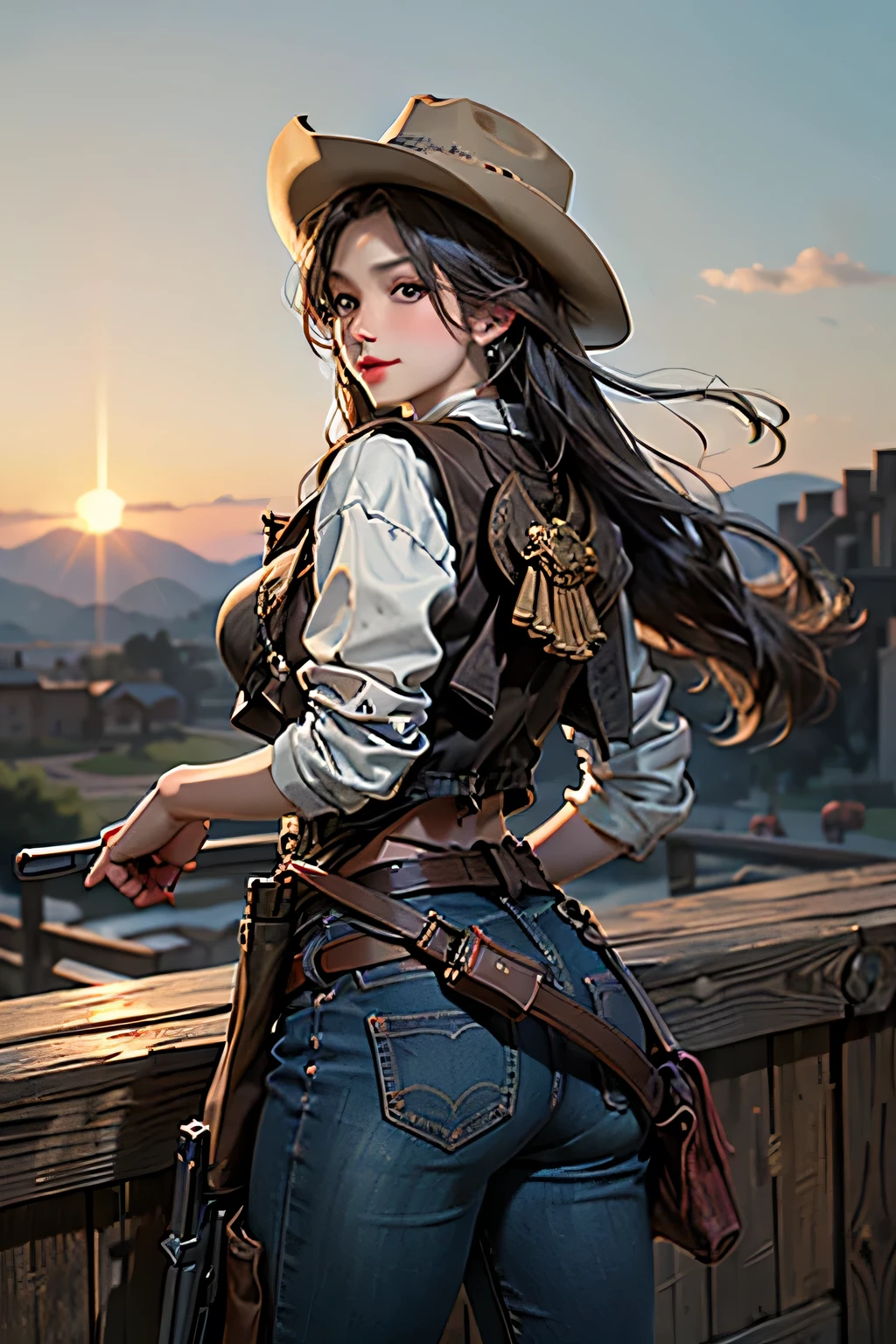 gun, photorealistic, Back view、RAW Photos、Realistic、(Super detailed)、(High resolution:1.2)、(masterpiece)、(Highest quality)、8k、Ultra-Details、(Perfect Anatomy:1.3)、Beautiful Eyes、Angle from below、Cowgirl、One girl、Turn around to look at the viewer、western movie images、(Cowboy hat)、Western Boots、neckerchief、(Leather vest)、(gun belt:1.3)、(Detailed depiction of a revolver:1.4)、rifle、(Gun holster)、jeans、horse、Western Landscape、Cactus、(Golden sunset)、Detailed depiction of intricate costumes、(Super hourglass body type)、(Super big breasts pointing upwards:1.4)、(A scene from a western movie)、(Hold the gun grip correctly)、(Shoot a handgun)、Correct fingers、Leg spread、[[[logic]]]、(Dynamic Gunfighter Pose)、A confident smile、(Western Geki Bar)、The other cowboys