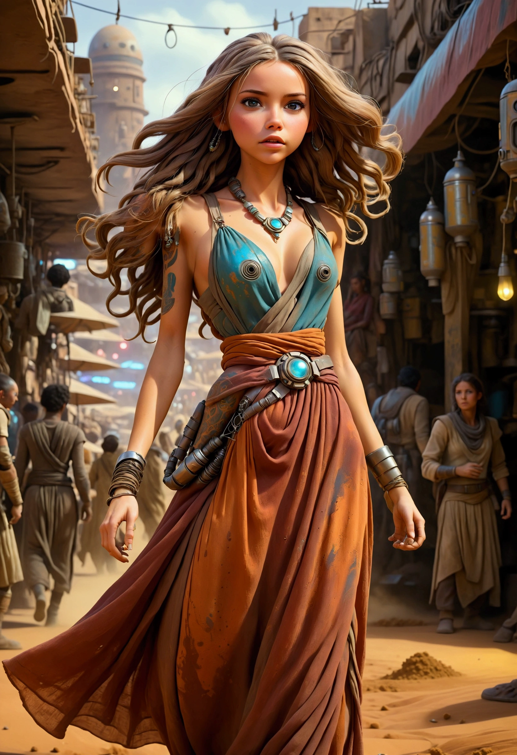 a lovely woman in an airy dress, marketplace on tattooine(area is seed, rusty, dusty, and used. People are dressed in ruddy outer layers but have vibrant clothing beneath. Dust and sand continually get on the floor. droids small and worn busy themselves battling the dirt and grime), aliens, star wars, cyberpunk, neon lights, crowd, futuristic, vibrant colors, detailed, photorealistic, 8k, high quality, cinematic, dynamic pose, beautiful girl, long flowing hair, intricate dress design, alien vendors, bustling marketplace, scifi atmosphere, dramatic lighting, advanced technologies, retro-futuristic, gritty urban, synergistic blend