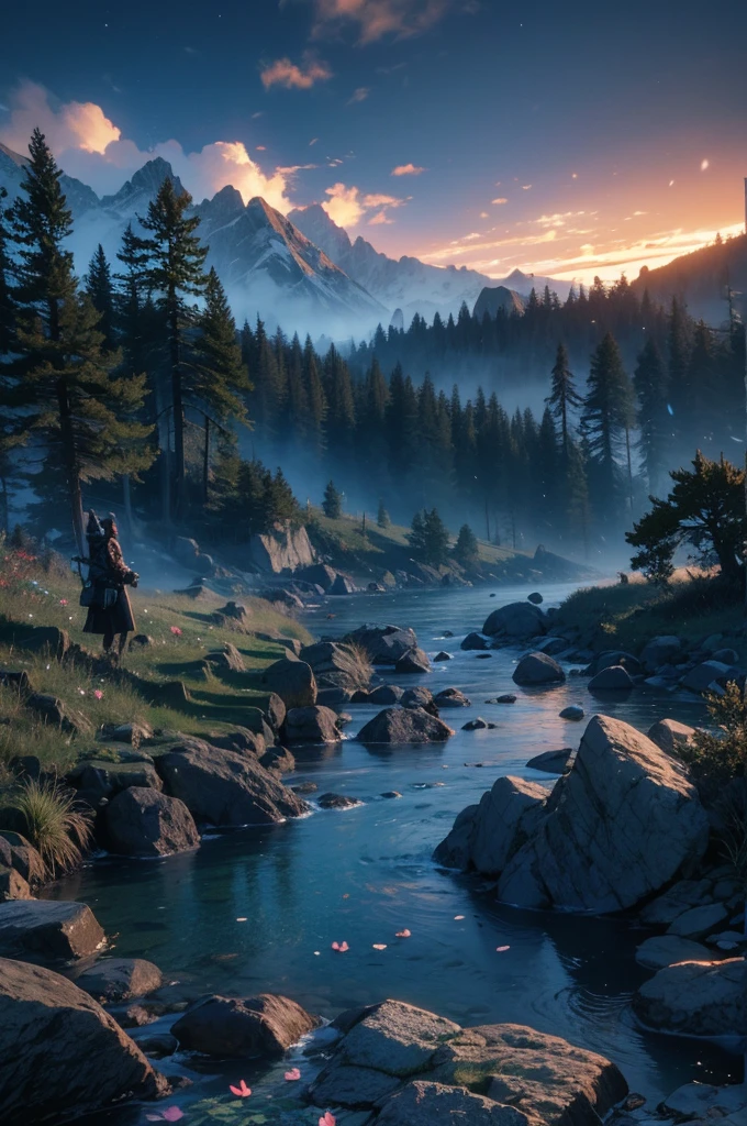 Phoenix, Skyrim. sunset. level, crystallization, Flowers and plants, Realistic, High resolution, 8k, Masterpiece