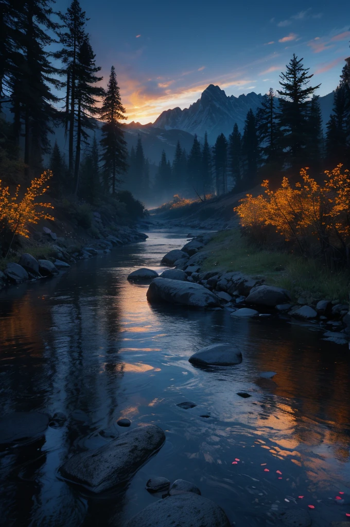 Phoenix, Skyrim. sunset. level, crystallization, Flowers and plants, Realistic, High resolution, 8k, Masterpiece