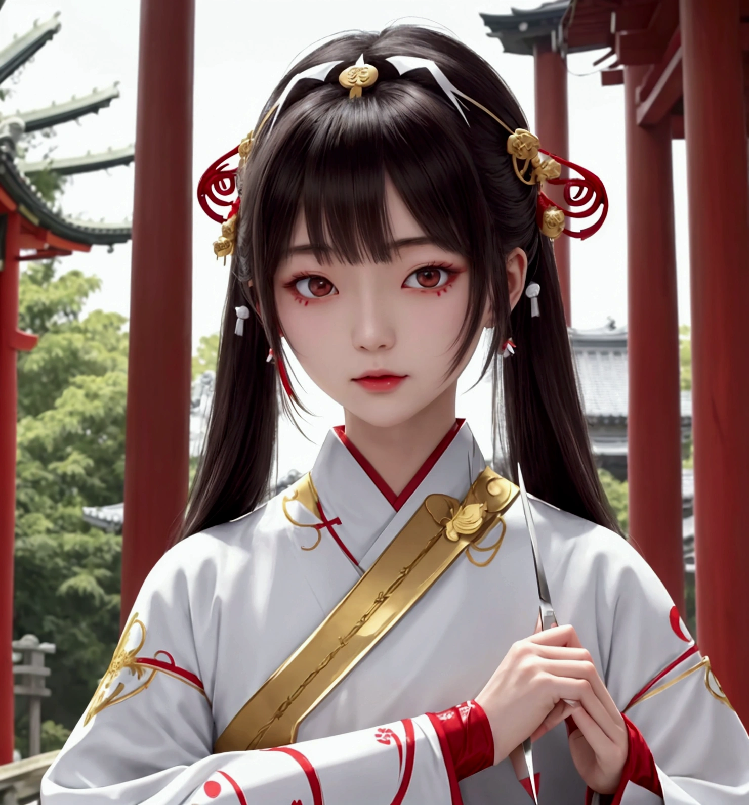 Japanese female priest、The costume is mainly white with red lines running down the shoulders.、Sideways、Holding a pair of silver sewing scissors、Gold hair ornament on the back of the head、Dark brown hair、Straight Long Hair、In the temple grounds、Upper body close-up
