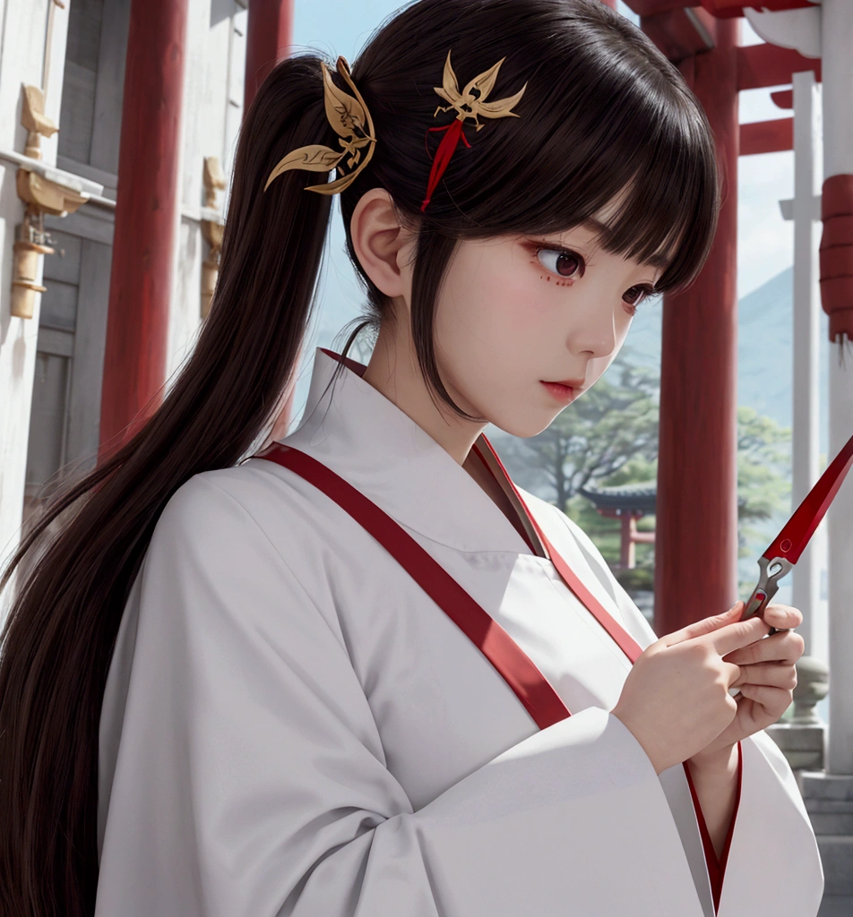 Japanese female priest、The costume is mainly white with red lines running down the shoulders.、Sideways、Holding a pair of silver sewing scissors、Gold hair ornament on the back of the head、Dark brown hair、Straight Long Hair、In the temple grounds、Upper body close-up