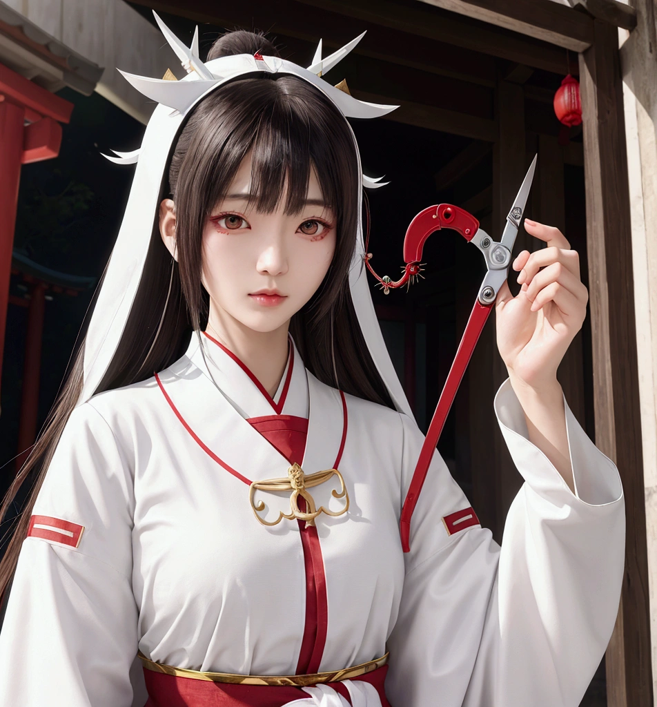 Japanese female priest、The costume is mainly white with red lines running down the shoulders.、Sideways、Holding a pair of silver sewing scissors、Gold hair ornament on the back of the head、Dark brown hair、Straight Long Hair、In the temple grounds、Upper body close-up