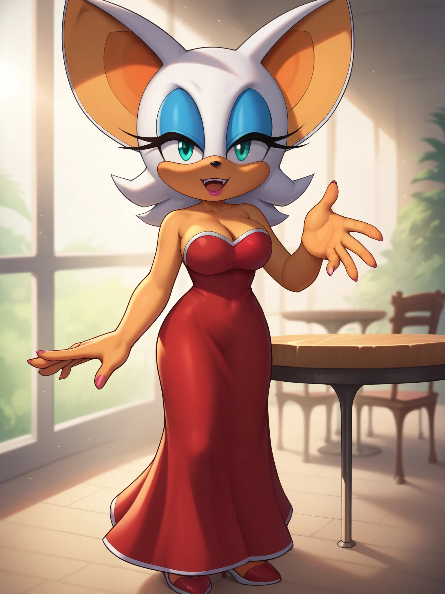 score_9, score_8_up, score_7_up, score_6_up, score_5_up, score_4_up, rouge the bat, (2D anime style), anthro furry, (small body), orange fur, cyan eyes, bat ears, large breasts, cleavage, ((wearing a RED dress)), (wearing a sparkling red sideless dress), high heels, bare hands, sexy curves, big head, (solo), (standing), (reaching hand to viewer), seductive pose, looking at viewer, seductive stare, (restaurant background), sunrays