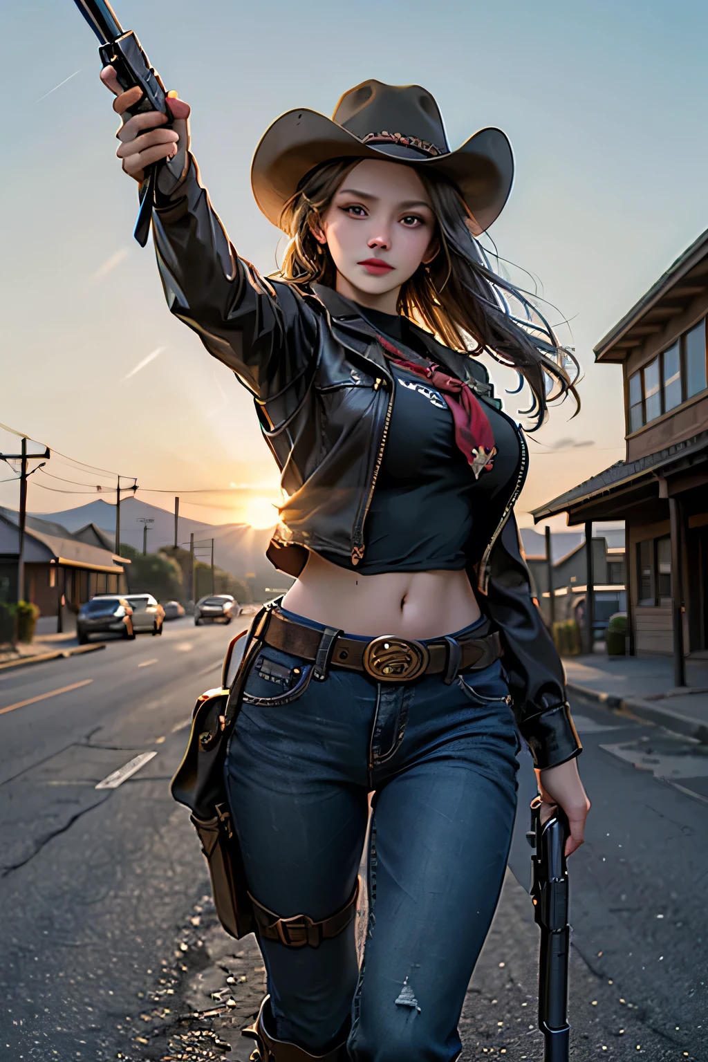 gun, photorealistic, RAW Photos、Realistic、(Super detailed)、(High resolution:1.2)、(masterpiece)、(Highest quality)、8k、Ultra-Details、(Perfect Anatomy:1.3)、Beautiful Eyes、Angle from below、Cowgirl、One girl、View your viewers、western movie images、(Cowboy hat)、Western Boots、neckerchief、(Leather vest)、(gun belt:1.3)、(Detailed depiction of a revolver:1.4)、rifle、(Gun holster)、jeans、horse、Western Landscape、Cactus、(Golden sunset)、Detailed depiction of intricate costumes、(Super hourglass body type)、(Super big breasts pointing upwards:1.3)、(A scene from a western movie)、(Hold the gun grip correctly)、(Shoot a handgun)、Correct fingers、Leg spread、[[[logic]]]、(Acrobatic Gunfighter Pose)、A confident smile、(Western hot town)、The other cowboys