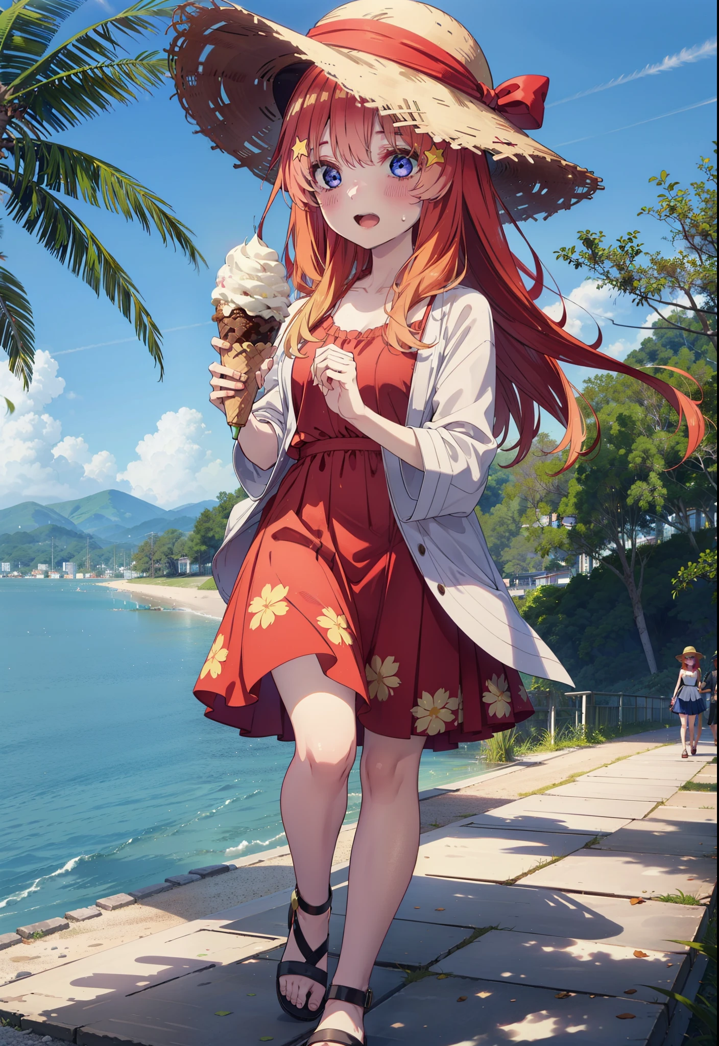 itsukinakano, Itsuki Nakano, bangs, blue eyes, Long Hair,Hair between the eyes, Ahoge, Redhead, star \(symbol\), hair ornaments, star hair ornaments,Straw hat,Red sleeveless dress,mini skirt,Heeled Sandals,Walking,smile,blush,Open your mouth,Eating ice cream,Holding ice cream in one hand,whole bodyがイラストに入るように,Palm tree,True Summer,Clear skies,
break outdoors,Tropical Coastline,
break looking at viewer,whole body ,
break (masterpiece:1.2), Highest quality, High resolution, unity 8k wallpaper, (figure:0.8), (Beautiful attention to detail:1.6), Highly detailed face, Perfect lighting, Highly detailed CG, (Perfect hands, Perfect Anatomy),