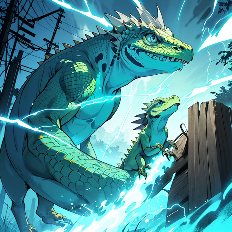 There is a terrible lizard, It is green with blue stripes, has bright blue eyes + wooden electricity pole with loose cables. Electrical cables connect to the lizard causing small sparks, the aura of the design being scary with a touch of mystery. The background of the image is pure white.