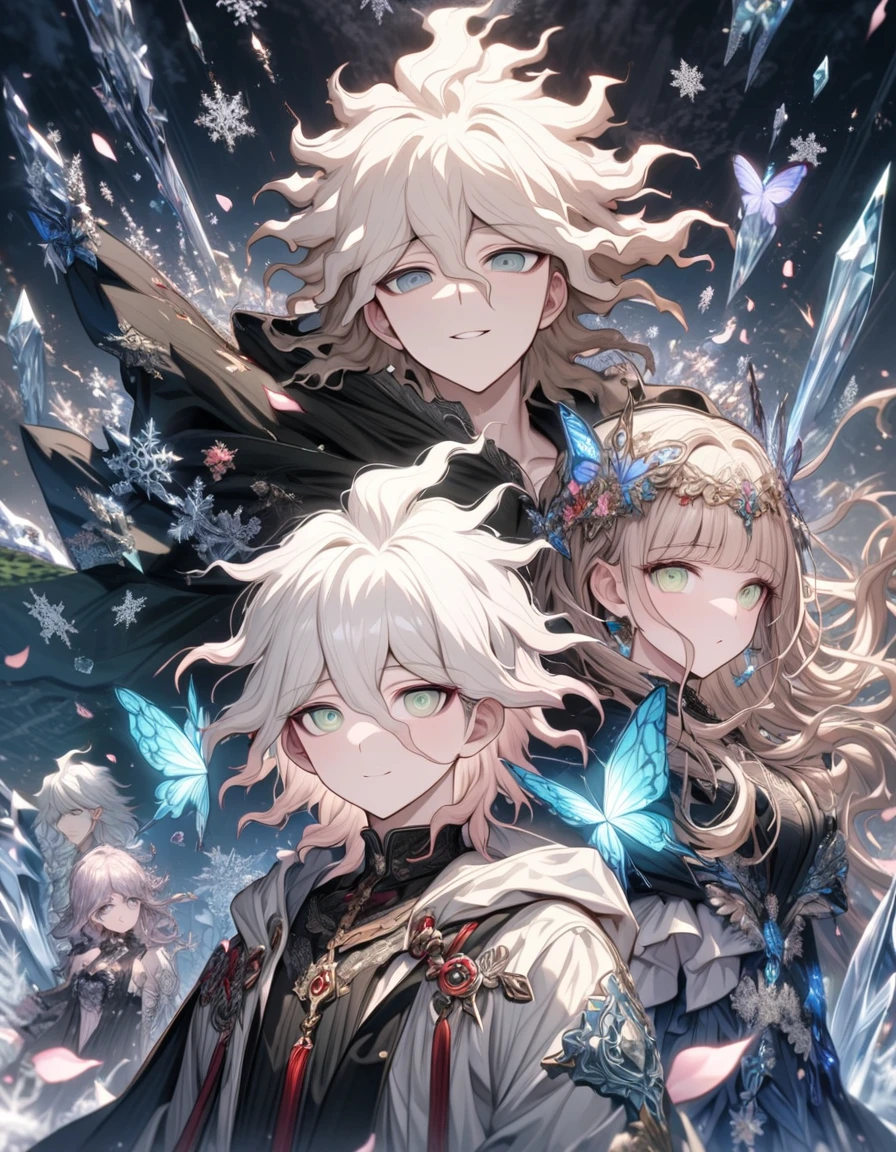 Ultra detailed, HDR, Highres, absurdres, master piece, Komaeda Nagito, white hair, expressive gray-green eyes, Aida, ash blonde hair, expressive light green eyes, black clothes, Danganronpa, ice glittering butterflies, ice, petals, ice pink glass flowers, glittering, fantasy, magical, snowflakes, cold, a handsome man together with a beautiful woman, couple, love, smiling