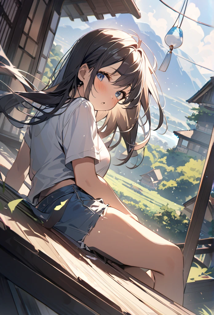summer、Japanese countryside house、sitting on the edge。bucolic、Background of nature、Style、Countryside view、T-shirt girl、wind chimes、、One Girl、sunlight、Dynamic Angle((masterpiece,Highest quality))、