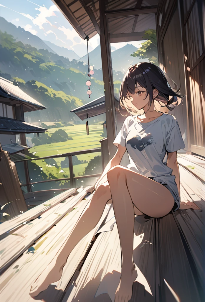 summer、Japanese countryside house、sitting on the edge。bucolic、Background of nature、Style、Countryside view、T-shirt girl、wind chimes、、One Girl、sunlight、Dynamic Angle((masterpiece,Highest quality))、